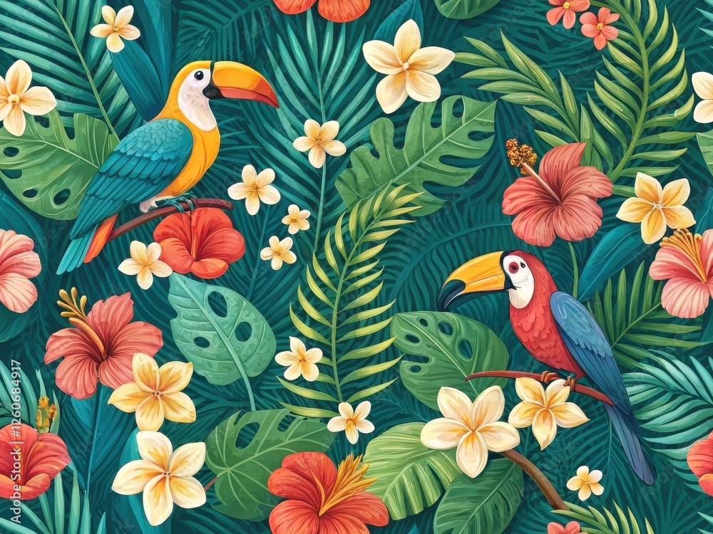 Naklejka premium Vibrant Tropical Pattern Featuring Exotic Birds and Colorful Floral Elements