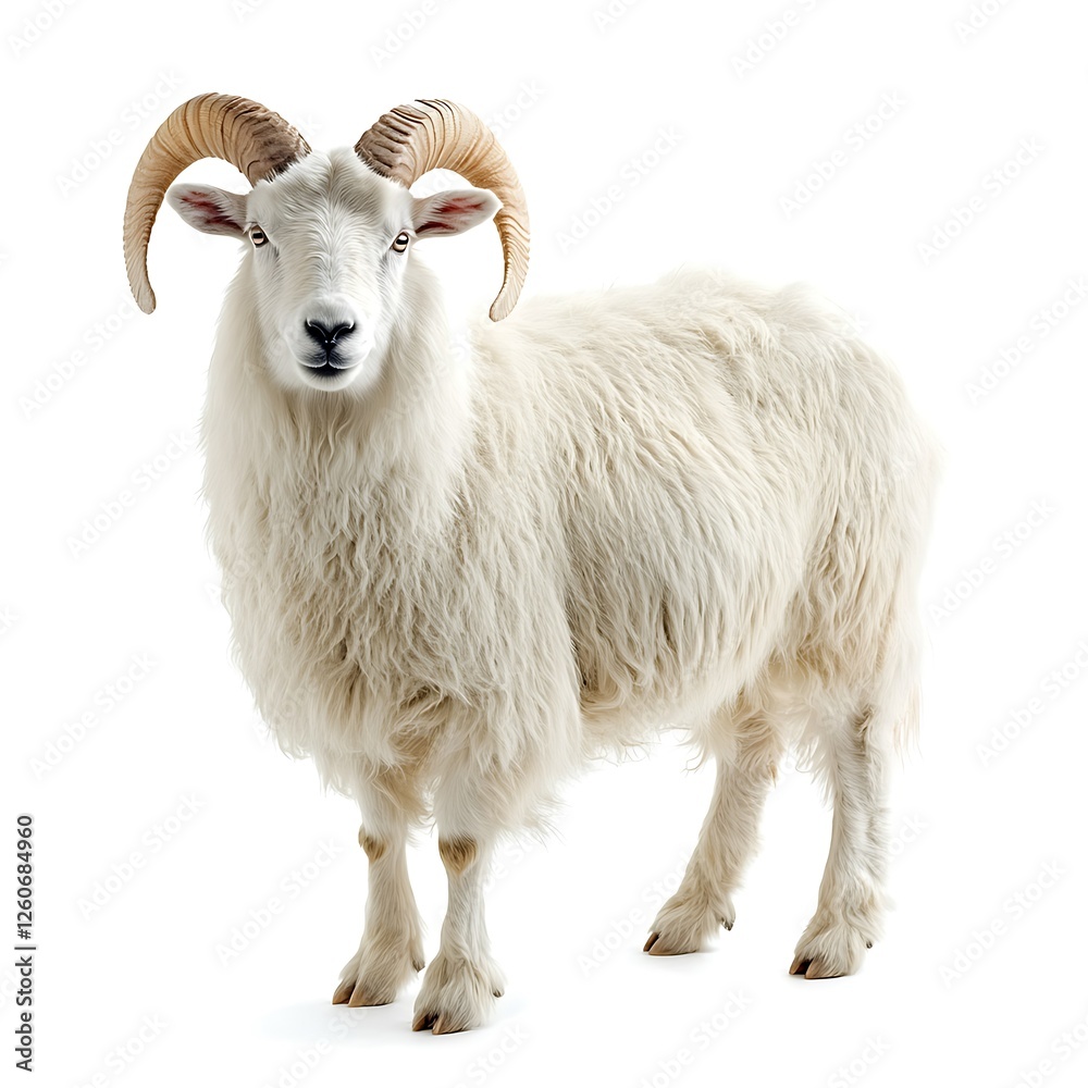 Fototapeta premium Majestic ram, white fleece, studio shot, isolated background, animal photography
