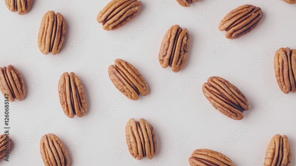 Pecan nuts arranged on a light background. Possible use for food blog or healthy snack promotion Pecan nuts arranged on a light background. Possible use for food blog or healthy snack promotion