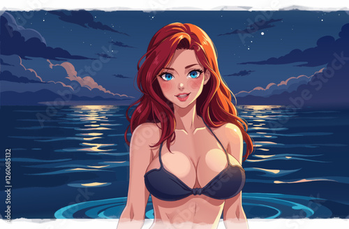 a woman in a bikini sitting on the edge of a body of water with a full moon in the background