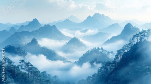 Serene Blue Mountains of Shixin Peak - Misty mountain landscape, symbolizing peace, tranquility, mystery, serenity, and escape. A breathtaking view of rolling hills shrouded in soft blue fog photo