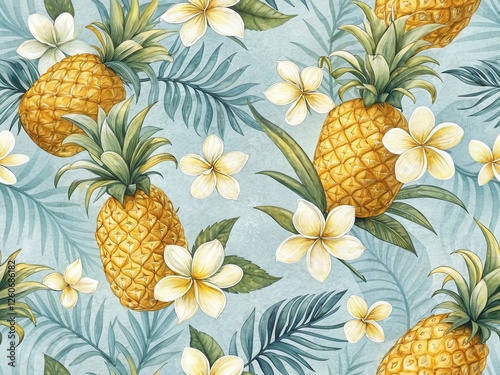Vivid Pineapple and White Flower Pattern with Tropical Feel and Soft Blue Background