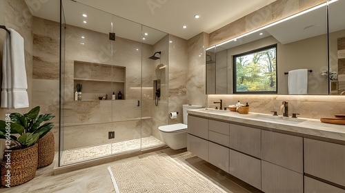Modern bathroom with frameless glass shower, floating vanity, and natural stone textures