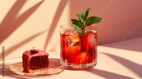 A vibrant red cocktail with cake in a bright setting, perfect for a sweet summer treat under sunlight.