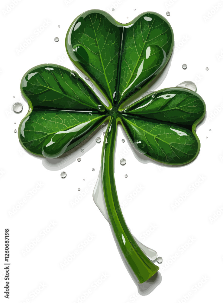 a four leaf clover with water droplets on it ' s leaves, isolated against a white background a four leaf clover with water droplets on it ' s leaves, isolated against a white background