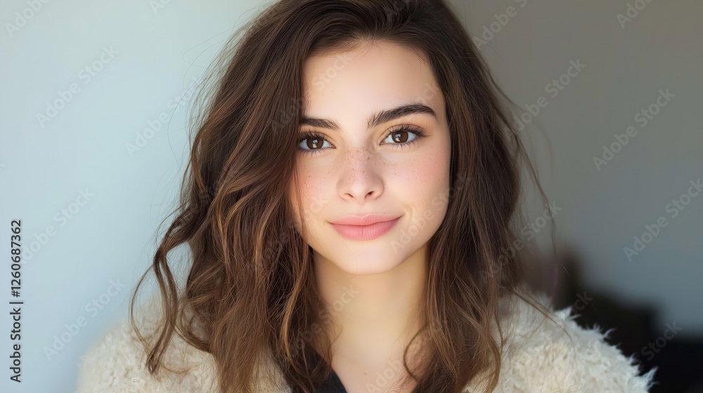 Young Caucasian woman with long brunette hair smiling confidently indoors Young Caucasian woman with long brunette hair smiling confidently indoors