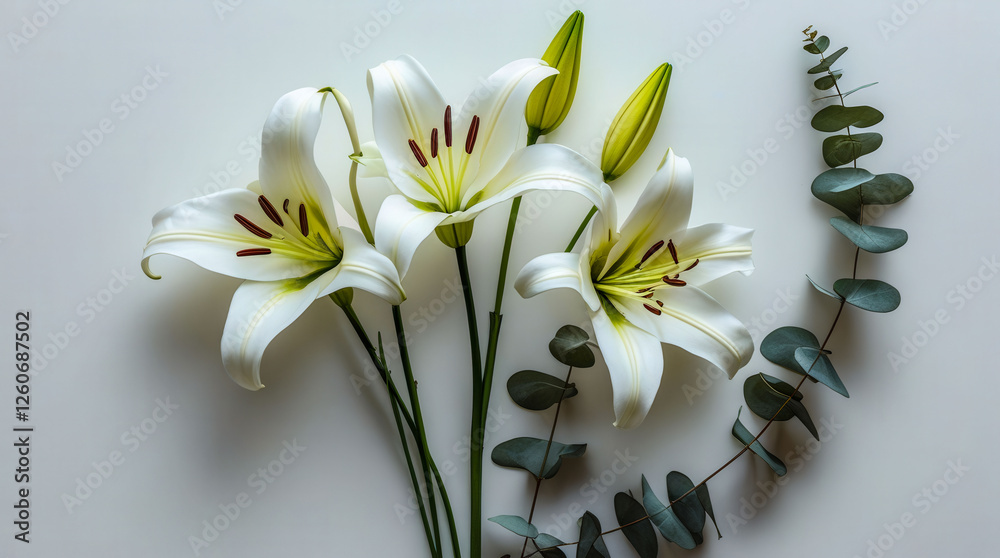 Fototapeta premium A bouquet of white flowers with green leaves. The flowers are arranged in a way that they are all facing the same direction. The arrangement gives off a sense of harmony and balance