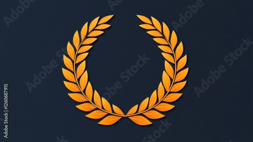 Gold laurel wreath graphic design, pixelated style, dark navy background, circular frame, detailed leaves, 3d effect, elegant, simple, modern design