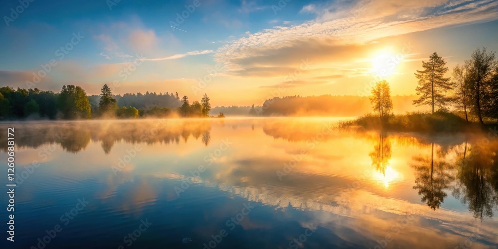 Fototapeta premium Serene lake at sunrise with mist rising from the water , serene lakes, scenery, serene lakes, scenery