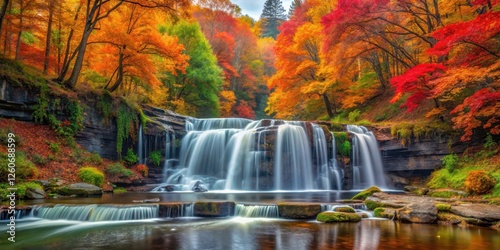 waterfall in forest with vibrant autumn leaves and trees , scenic views