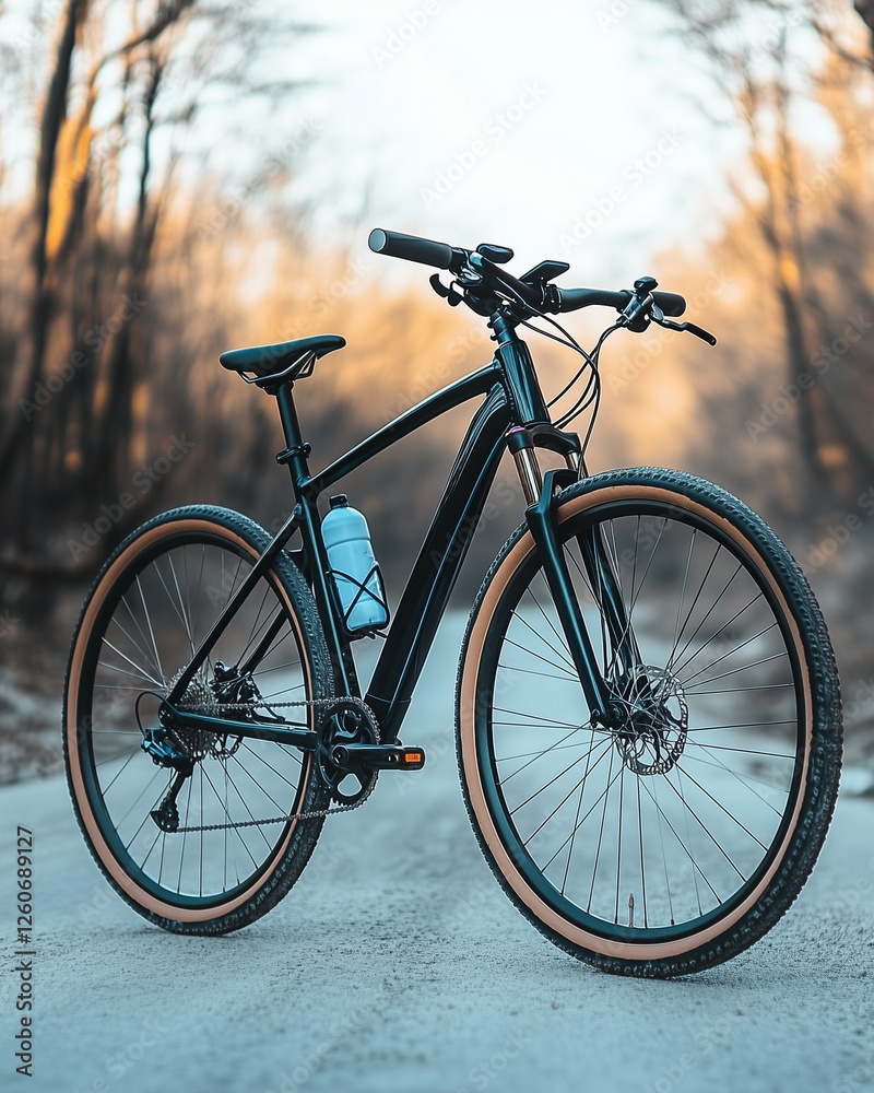 Black gravel bike on a forest road during golden hour Black gravel bike on a forest road during golden hour