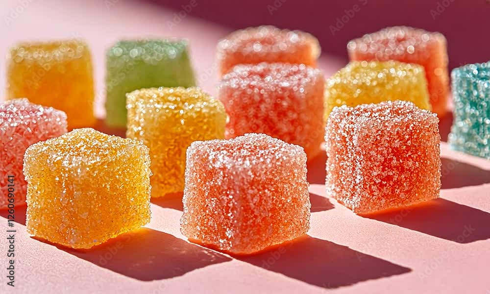 Colorful gummy candies arranged on a pink background, showcasing vibrant hues and textures Colorful gummy candies arranged on a pink background, showcasing vibrant hues and textures