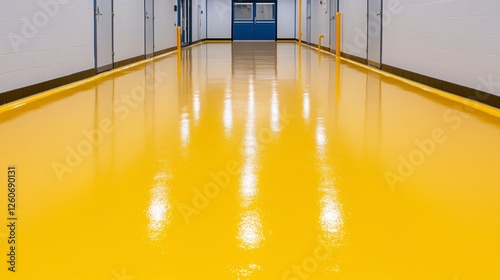 High gloss, vibrant yellow epoxy floor in an industrial hallway, reflecting light. The floor is smooth and clean, with subtle variations in sheen