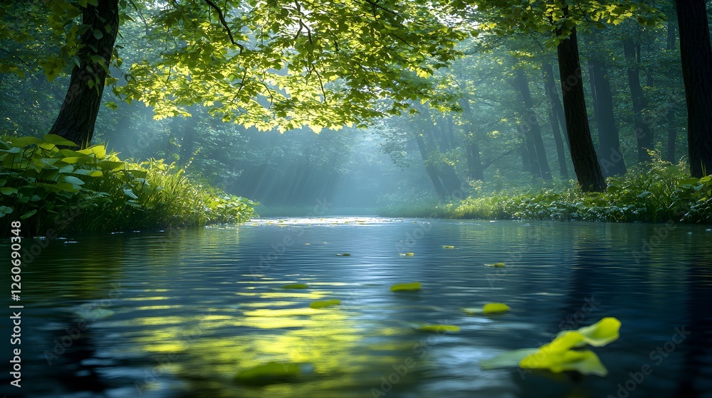 Fototapeta premium Serene River Meandering Through Lush Forest – Generative AI