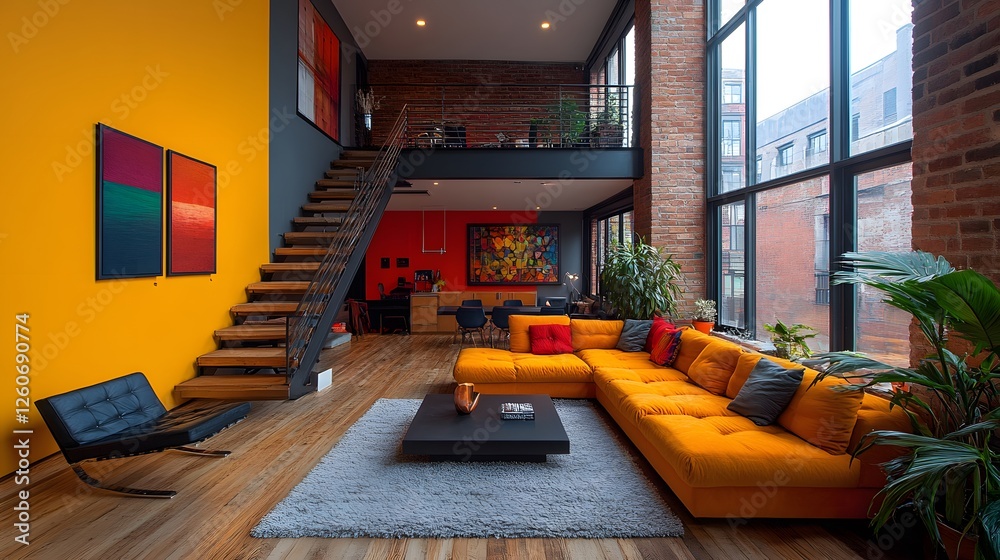Fototapeta premium Artistic loft with bold color blocking, mismatched chairs, and a vibrant color palette