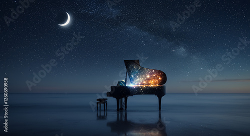 A surreal nighttime scene by a serene beach with a grand piano standing on the shore.