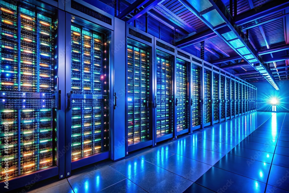 Fototapeta premium Glowing Server Racks in a Modern Data Center at Night