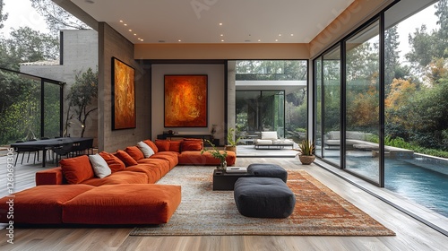 Art-inspired home with primary colors, modern furniture, and creative abstract paintings
