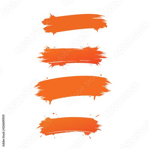 A bold, vibrant orange paint stroke with dripping paint and textured brush strokes against a white background.