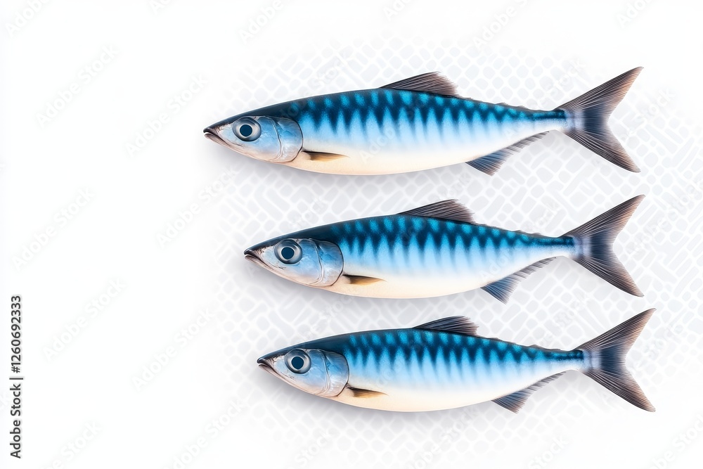 Three Mackerel Fish on White Background - Three fresh mackerel fish arranged in a row against a white textured background. Perfect for seafood menus, healthy eating content, or culinary publications Three Mackerel Fish on White Background - Three fresh mackerel fish arranged in a row against a white textured background. Perfect for seafood menus, healthy eating content, or culinary publications
