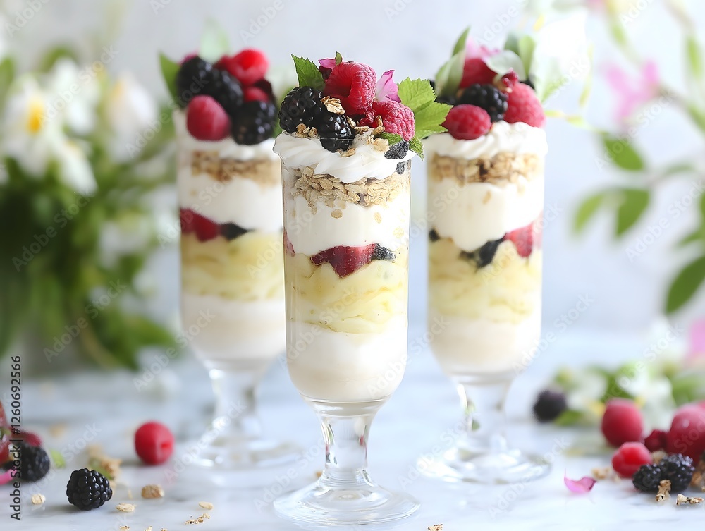 Delicious Yogurt Parfaits with Fresh Berries and Granola Topping Delicious Yogurt Parfaits with Fresh Berries and Granola Topping