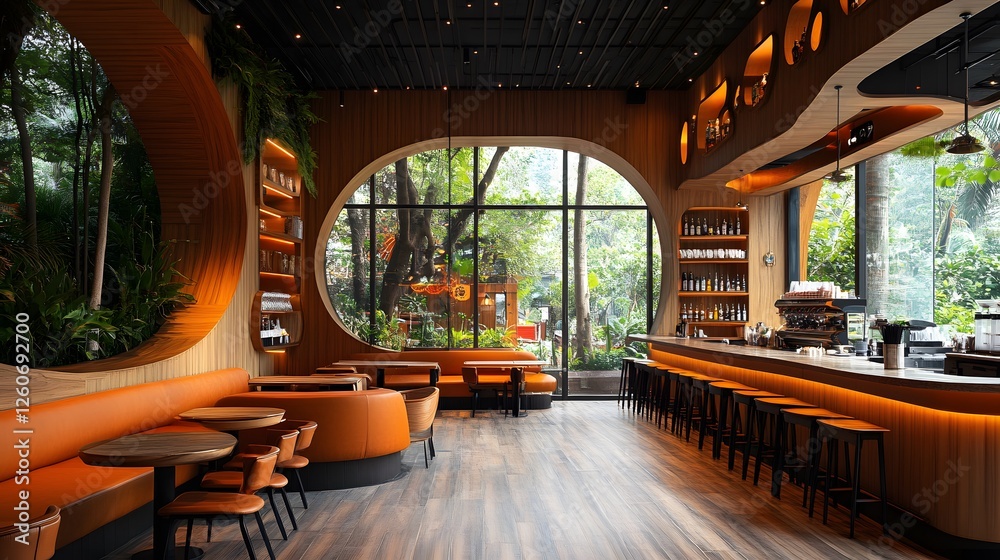 Fototapeta premium Stylish cafe interior with rounded booths, curved bar counters, and warm wooden tones