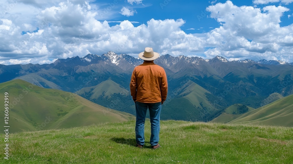 Man in tan jacket and light colored hat stands on a grassy hillside overlooking a mountain range. The scene shows lush green valleys and hills, with Man in tan jacket and light colored hat stands on a grassy hillside overlooking a mountain range. The scene shows lush green valleys and hills, with