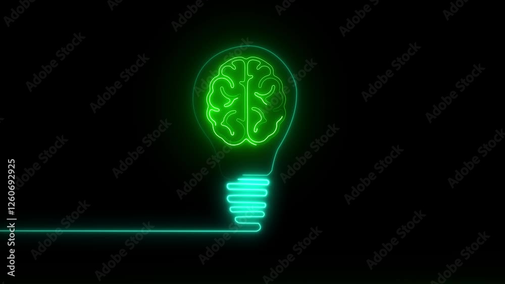 Glowing light bulb symbol animation. Human brain idea, Electric neon bulb icon and black background.. Glowing light bulb symbol animation. Human brain idea, Electric neon bulb icon and black background..