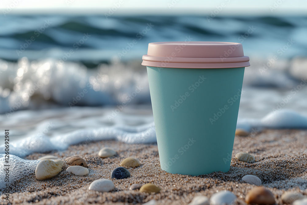 Plastic Cup of Coffee in Pastel Green Mockup on Seashore with Waves Background and Space for Text Plastic Cup of Coffee in Pastel Green Mockup on Seashore with Waves Background and Space for Text