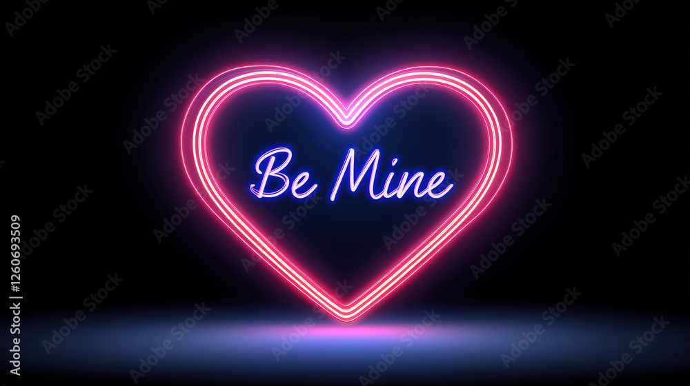 glowing neon heart sign with Be Mine text