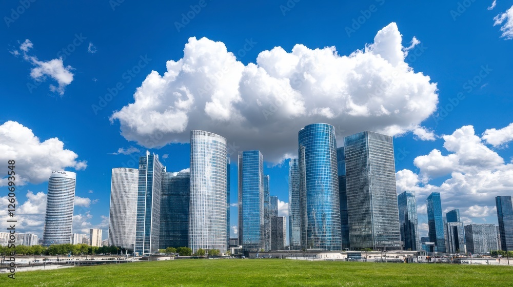 Fototapeta premium Panoramic view of modern skyscrapers against a vibrant blue sky dotted with large fluffy white clouds. The buildings, featuring a mix of glass and