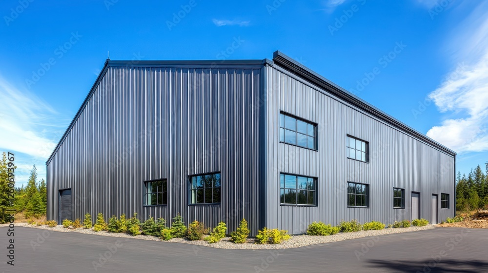 Modern industrial building with dark gray corrugated metal siding, multiple windows, and landscaping around its corner. The building sits on a paved Modern industrial building with dark gray corrugated metal siding, multiple windows, and landscaping around its corner. The building sits on a paved