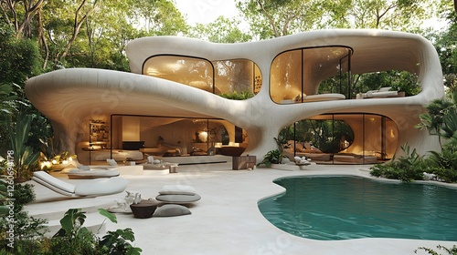 Wallpaper Mural Architectural exterior featuring smooth curved facades, minimalist design, and lush greenery Torontodigital.ca