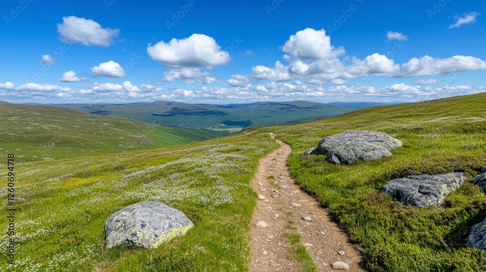 Panoramic view of a mountain path winding through a meadow filled with wildflowers. The path is a light brown dirt path. The meadow is a mix of Panoramic view of a mountain path winding through a meadow filled with wildflowers. The path is a light brown dirt path. The meadow is a mix of