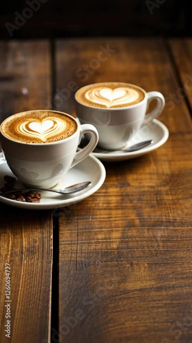 Two cappuccinos with heart latte art on a rustic wooden table, captured from a high-angle. Perfect for a cozy coffee-themed video. Suitable as mobile wallpaper. photo