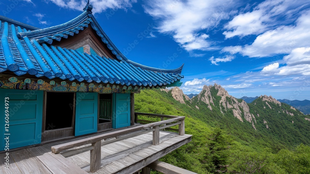 Panoramic view of a traditional Asian structure with a blue tiled roof atop a mountain range. The structure is nestled among lush green trees and a Panoramic view of a traditional Asian structure with a blue tiled roof atop a mountain range. The structure is nestled among lush green trees and a