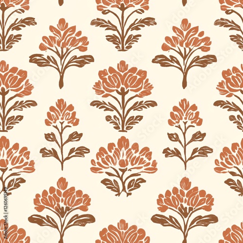 A traditional Indian block print pattern with repetitive floral designs in earthy tones --tile