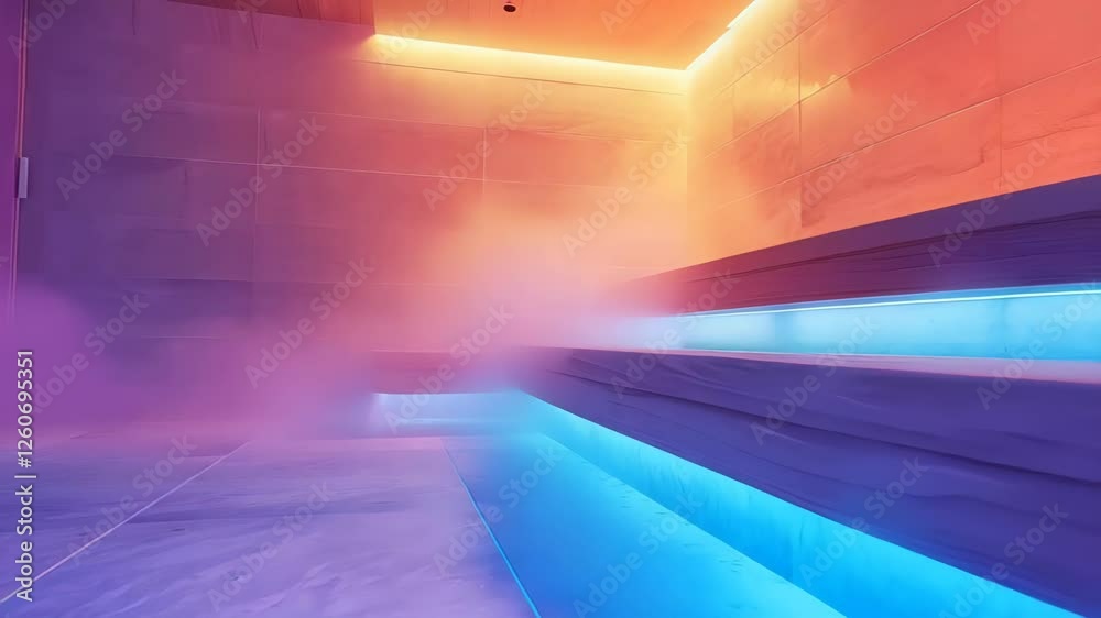 Vibrant LED lighting spreading through steamy hammam, highlighting wooden surfaces and creating serene wellness environment with soft colored glow