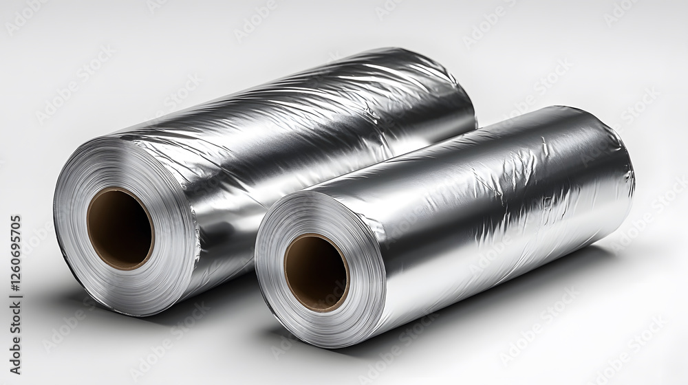 Fototapeta premium Two rolls of shiny aluminum foil are displayed, showcasing their smooth surfaces and cylindrical shapes, ideal for cooking and food storage