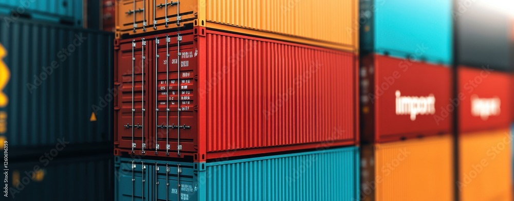 Fototapeta premium A colorful stack of shipping containers, showcasing various colors and labels, indicative of import and export activities in logistics and trade.