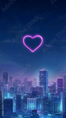 A vibrant city skyline at night with a glowing heart symbol in the sky.
