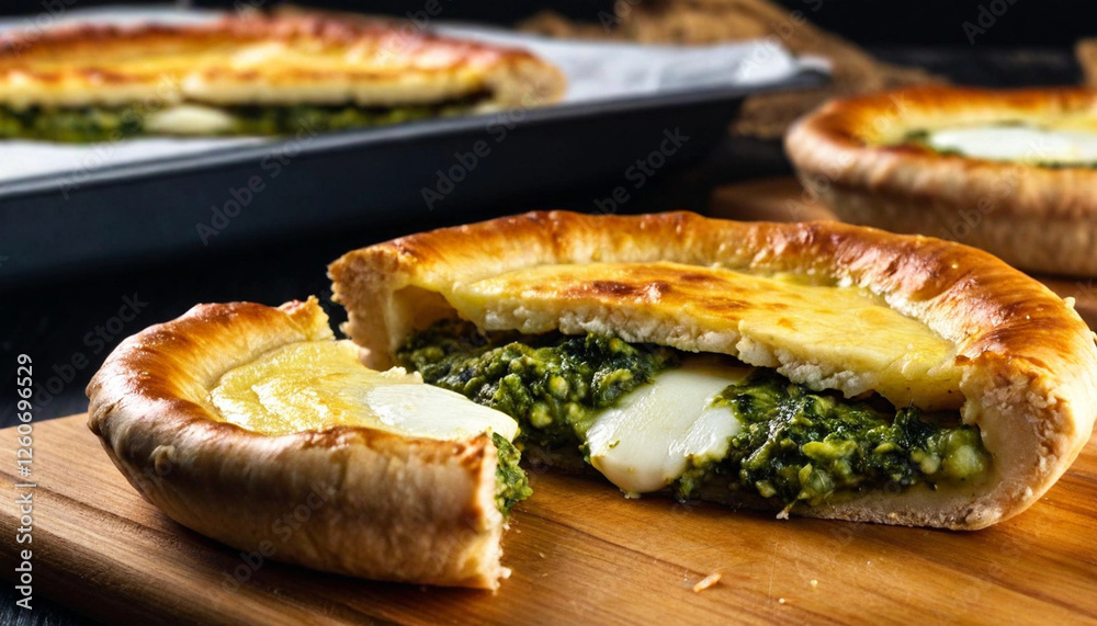 A close-up view of a Danubio Salato pie, with its buttery, golden dough balls glistening under soft light. One ball is split open, showcasing melted mozzarella stretching and pesto spilling out. The b A close-up view of a Danubio Salato pie, with its buttery, golden dough balls glistening under soft light. One ball is split open, showcasing melted mozzarella stretching and pesto spilling out. The b