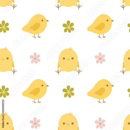 Cute baby chicks with little flowers seamless pattern. Easter prints, kids fabric and textile 