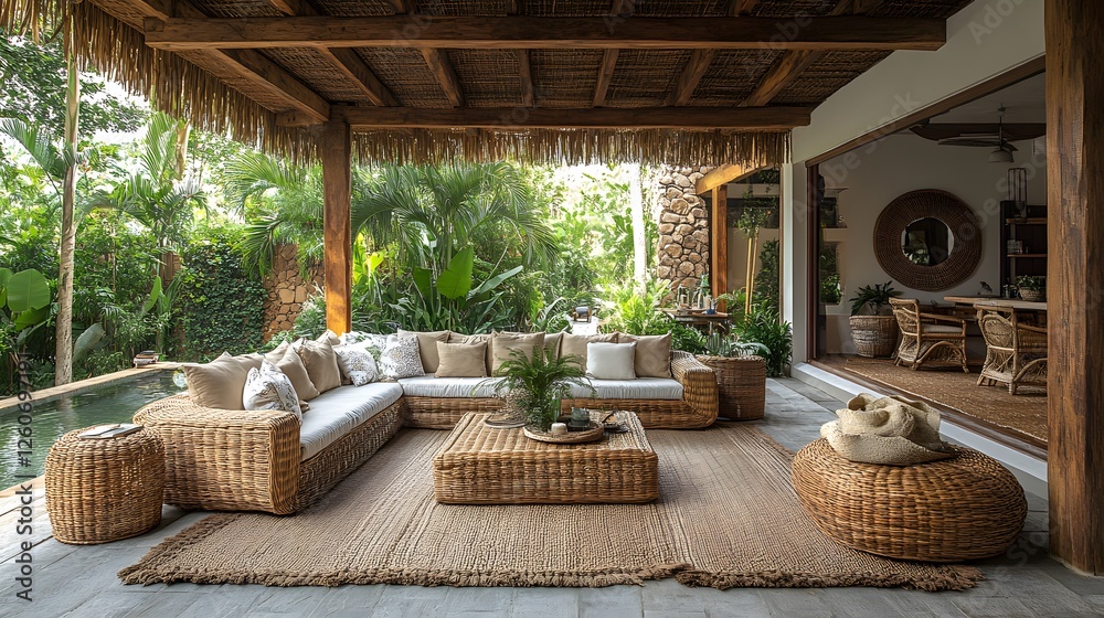 Fototapeta premium Tropical-inspired outdoor living space with rattan furniture, bamboo decor, and exotic plants