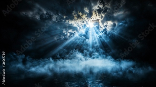 Light beams piercing through thick fog over calm waters nature scene mystical atmosphere serene landscape