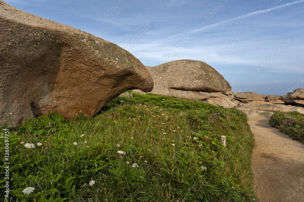rocks and boulders on the island Renote on The Pink Granite Coast located in Tregastel in northern Brittany, France.