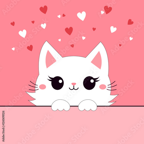 Cute white peeking cat face head. Funny kitten. Paws hand holding paper. Red white hearts. Happy Valentines Day. Cartoon kitty. Kawaii animal. Greeting card. Flat design. Pink background. Vector