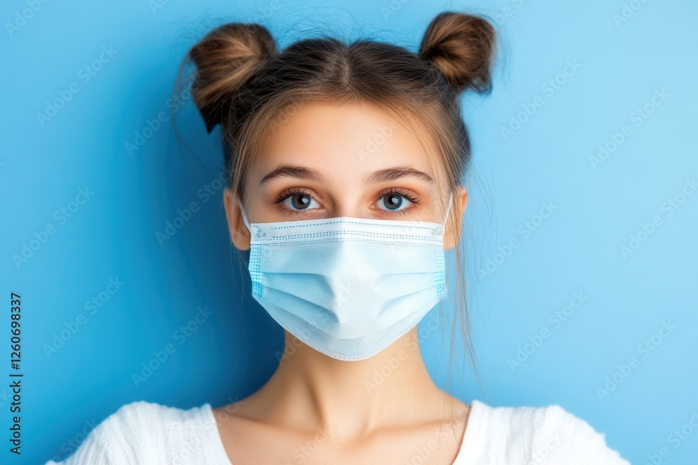 Young Person Wearing Face Mask Against Plain Blue Background Young Person Wearing Face Mask Against Plain Blue Background