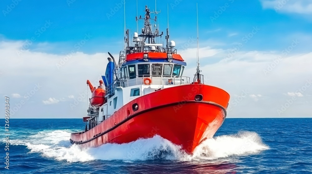 Red and white fishing boat moving through blue ocean water under clear sky, full frontal view, active movement, strong sunlight, bright, detailed Red and white fishing boat moving through blue ocean water under clear sky, full frontal view, active movement, strong sunlight, bright, detailed