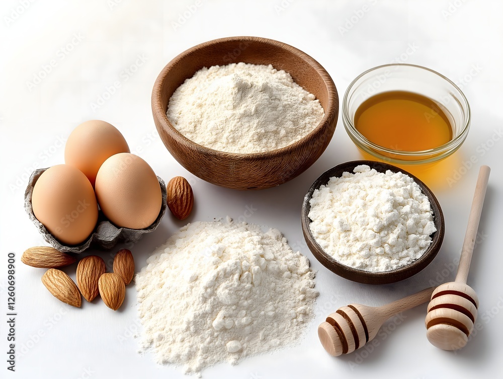 Baking Ingredients Still Life with Eggs, Flour, Almonds, and Honey Baking Ingredients Still Life with Eggs, Flour, Almonds, and Honey